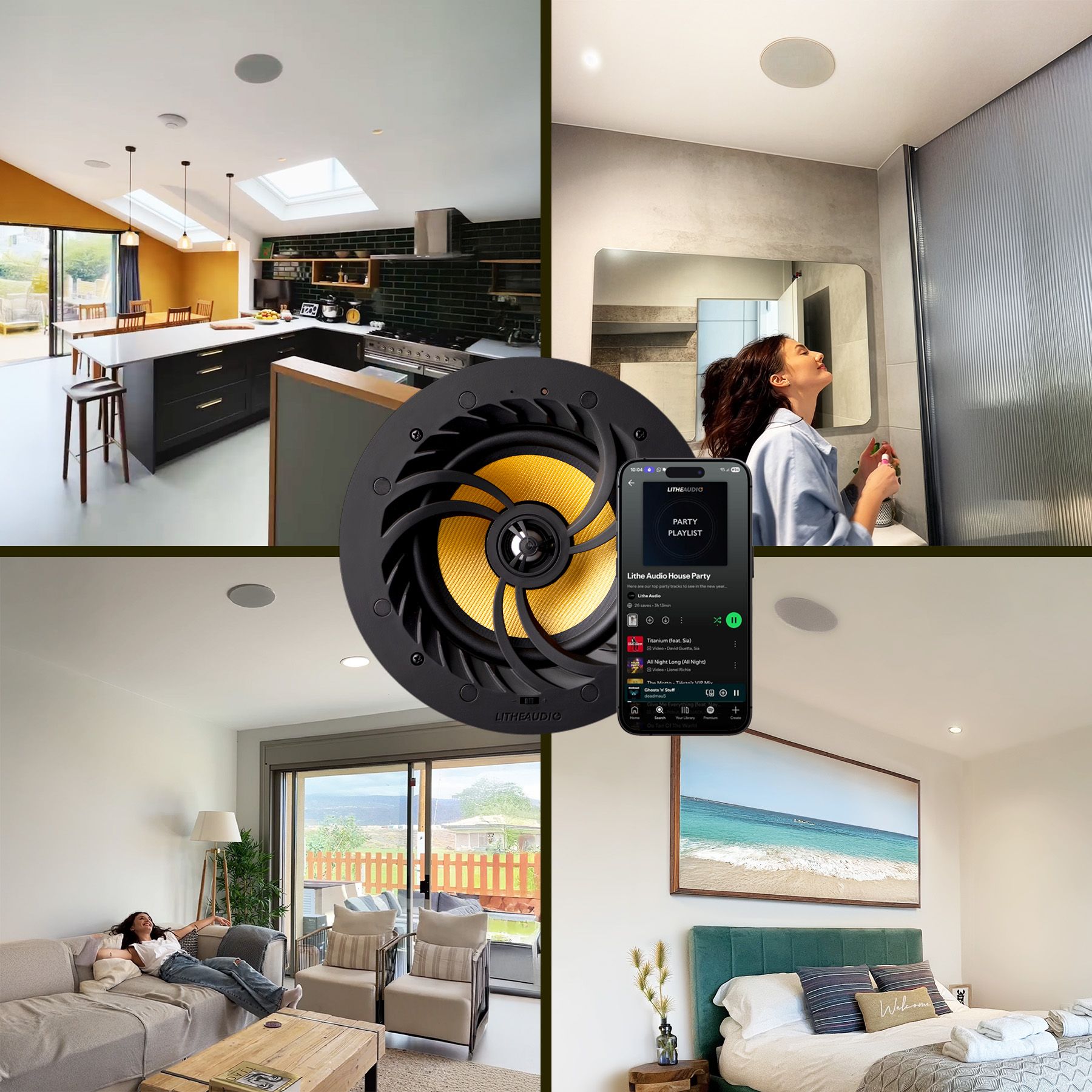 Uudet Lithe Audio innovatiiviset langattomat WiFi kaiuttimet kattoon upotettuna tai pintaan asennettuna. Täydellinen asuntoon integroitava monihuoneratkaisu WiFi, Airplay 2 , Chromecast ja Bluetooth yhteyksillä.